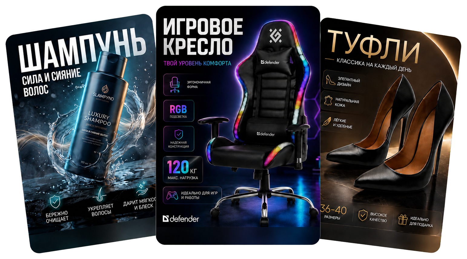 Композиция коммерческих карточек товара на прозрачном фоне